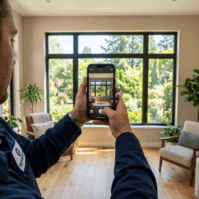 Over-the-shoulder view of a technician photographing a completed job